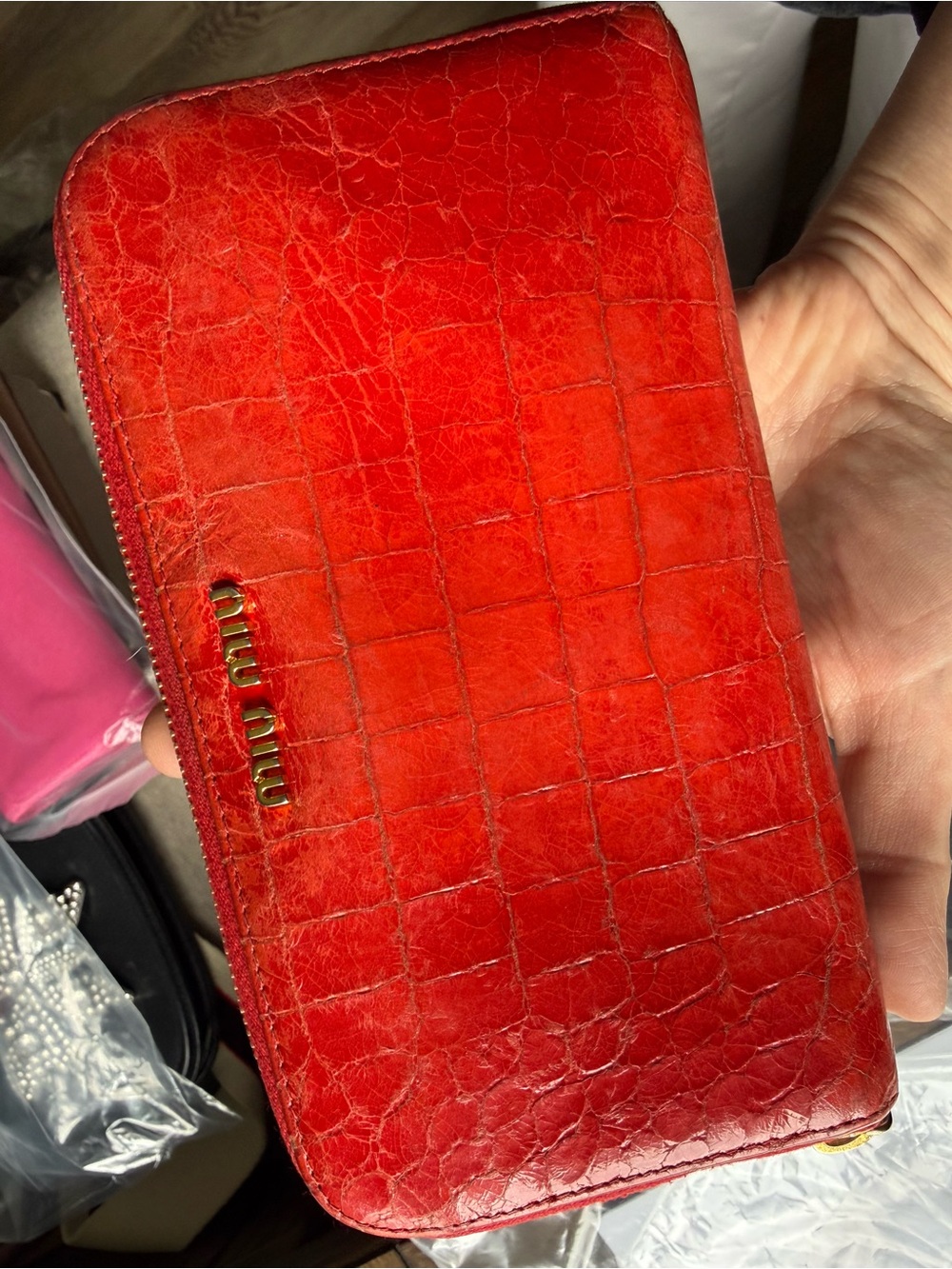 Miu Miu Croc-Embossed Red Zip Wallet with Gold Logo